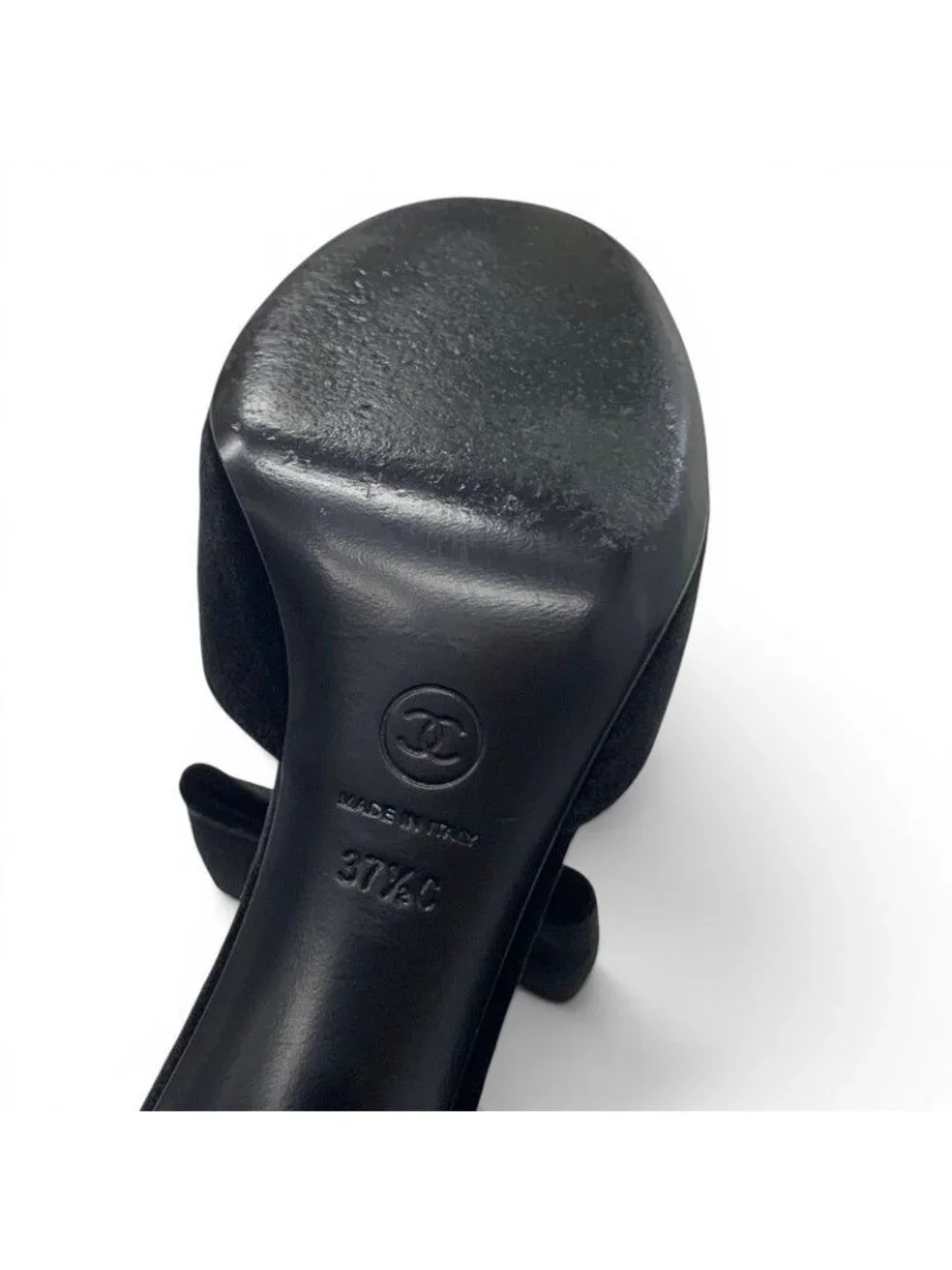 Chanel Pumps Shoes Velour Black Gold CC Logo Ribbon Pearl Velcro Strap
